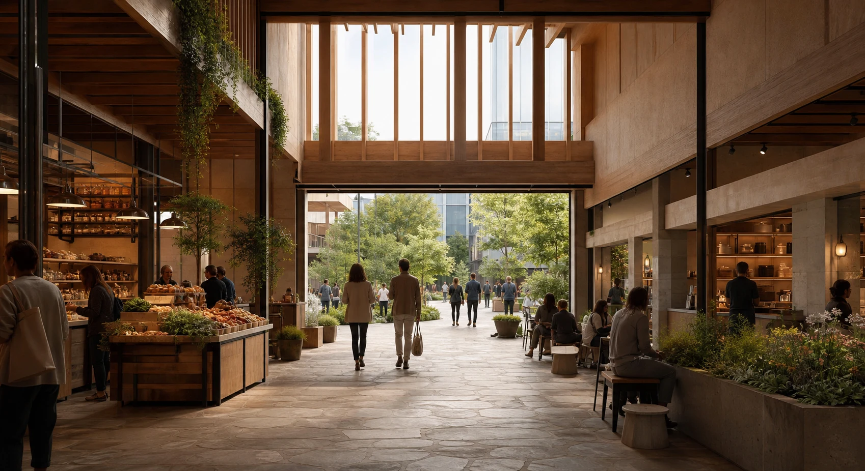 Fictional market hall and commercial interior