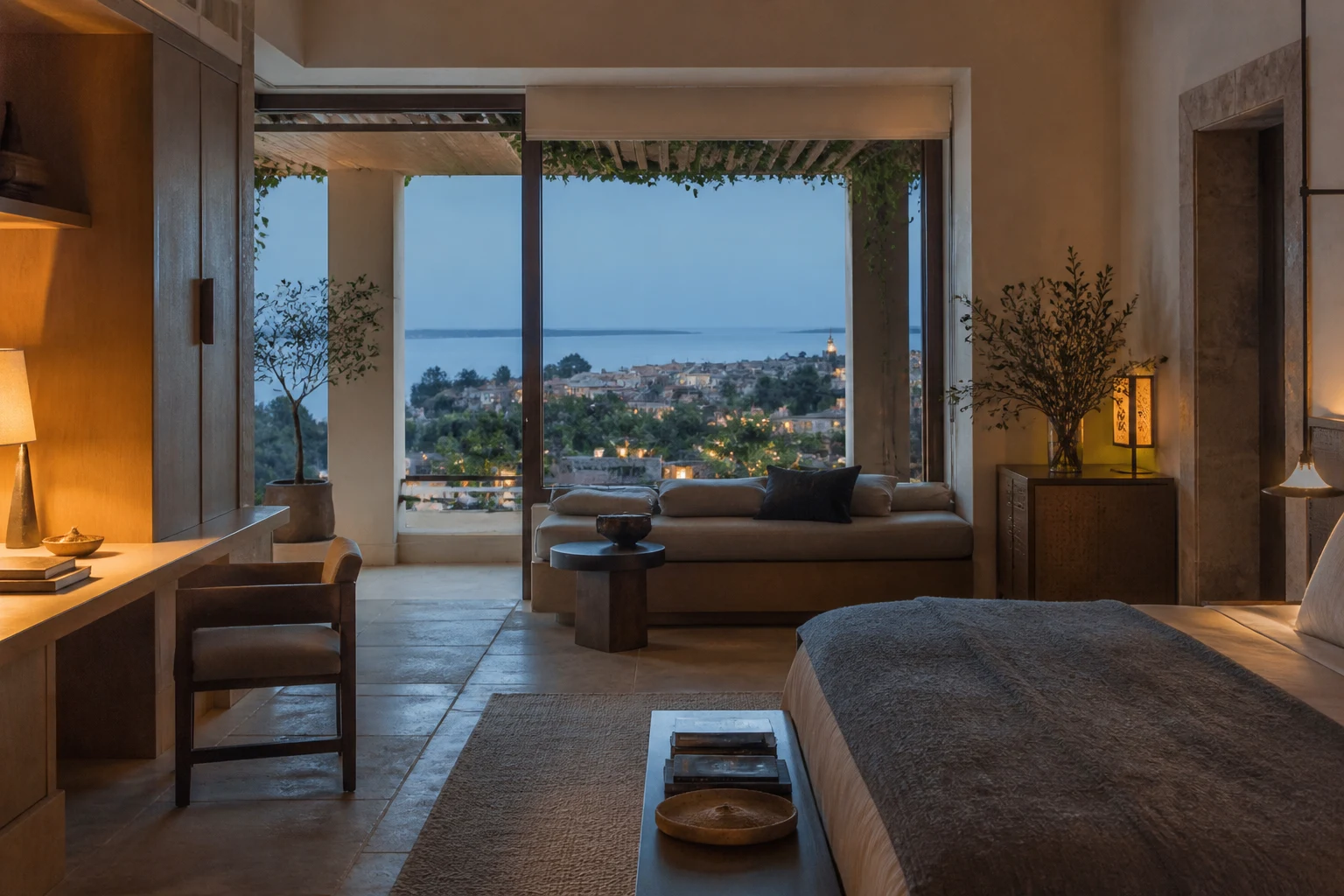Fictional hotel suite overlooking Aurelia Quarter