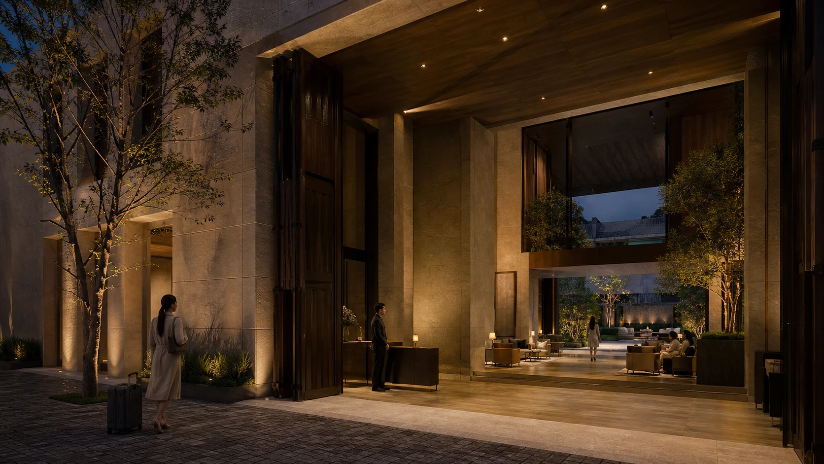 Fictional independent hotel arrival opening into a planted lobby