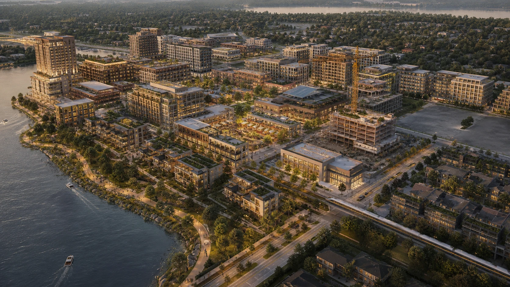 Fictional phased aerial view of Aurelia Quarter as one connected district
