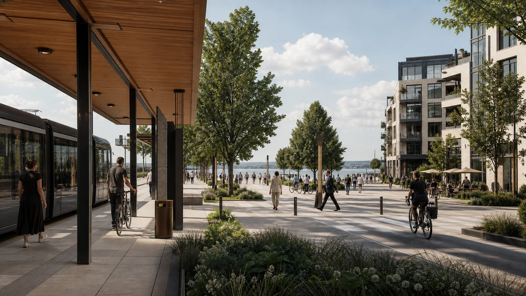 Fictional multimodal arrival connecting transit, cycling, walking, and the waterfront