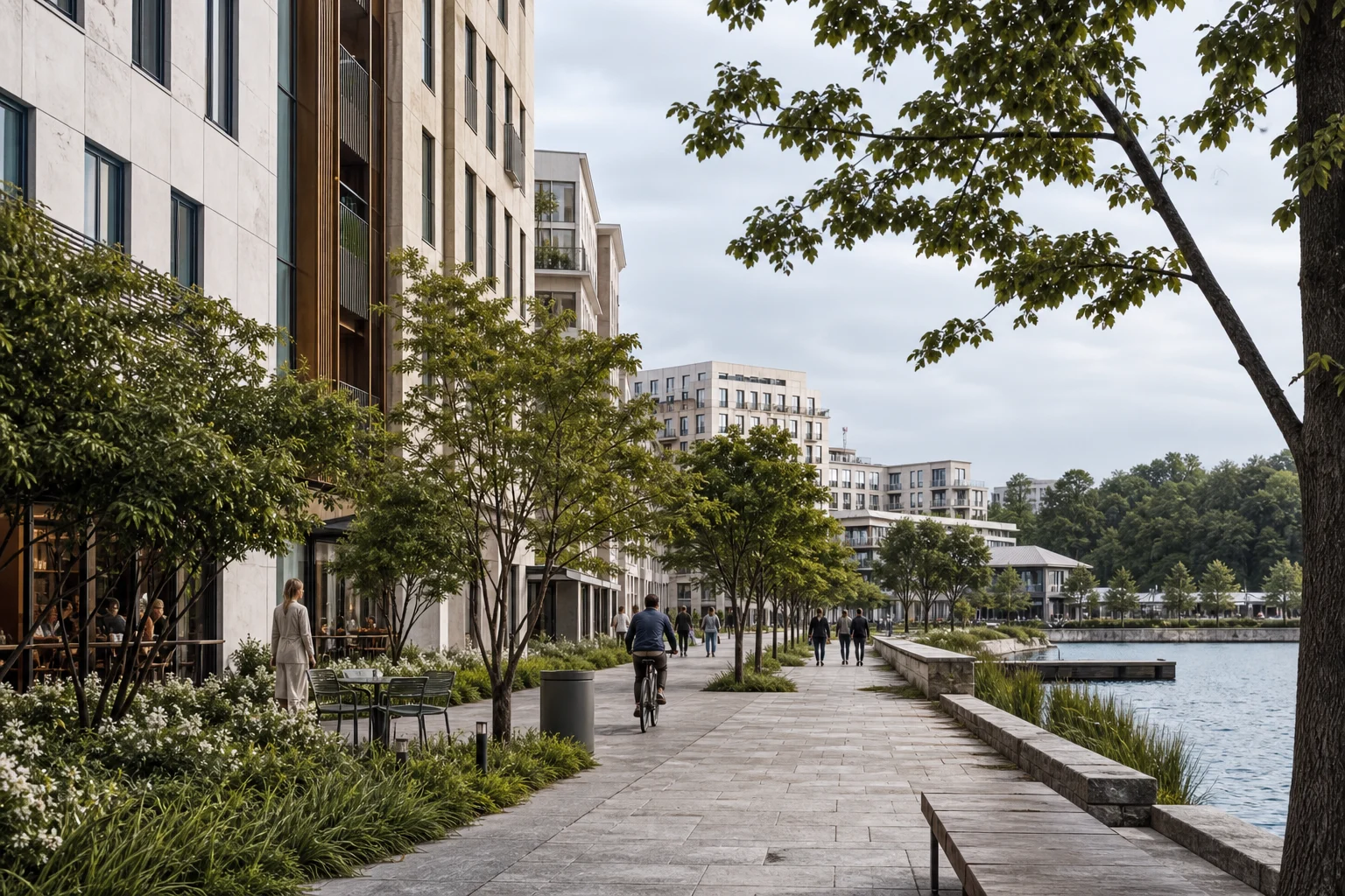 Fictional waterfront district framed by landscape