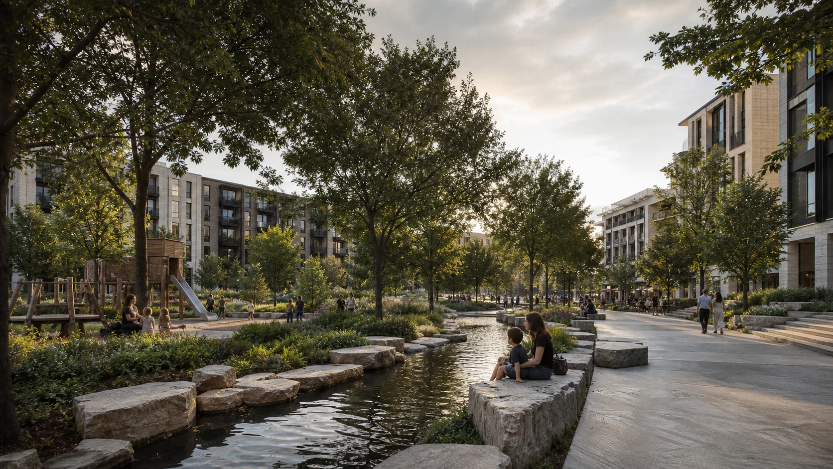 Fictional civic park, play landscape, and water within Aurelia Quarter