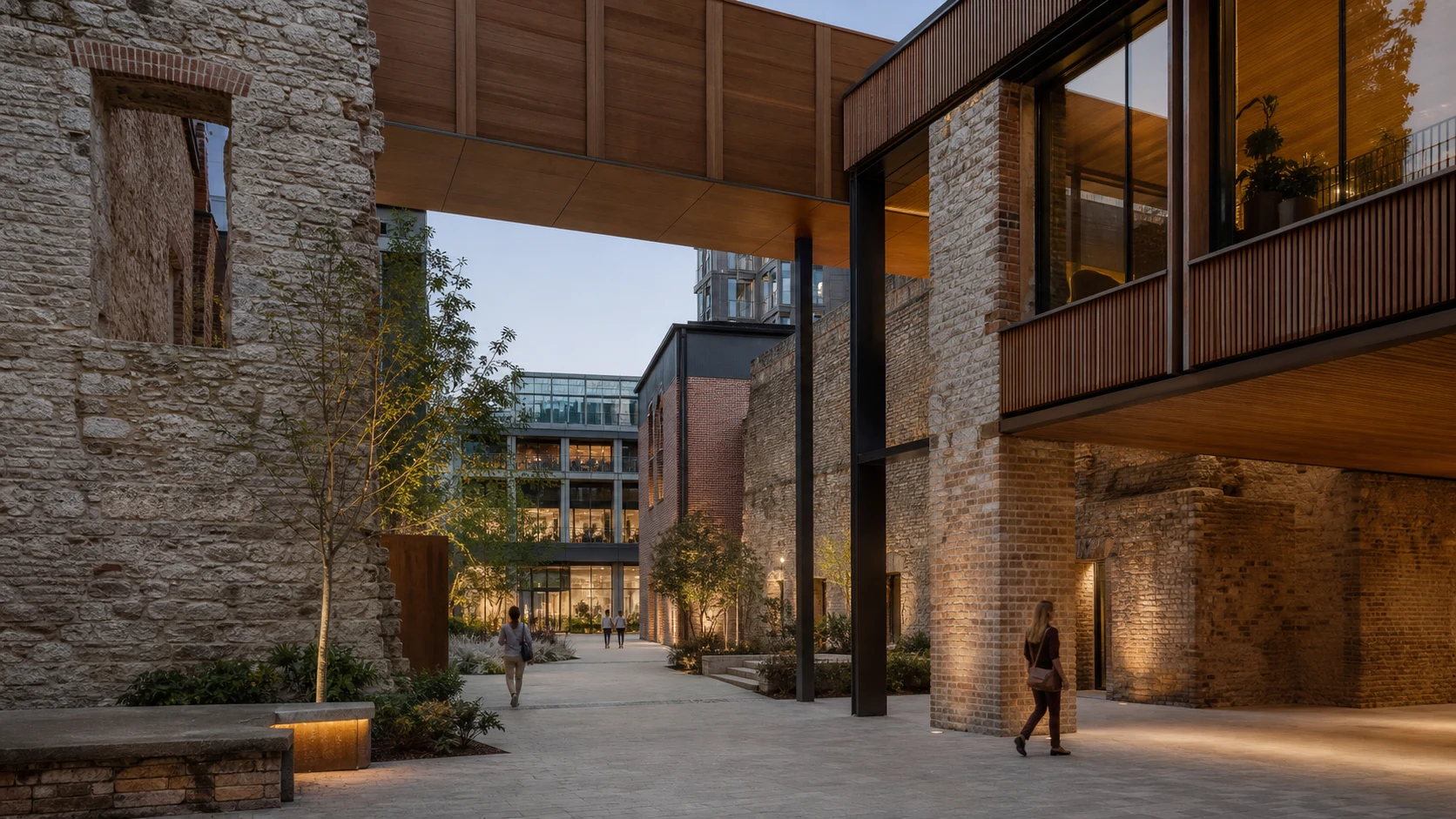 Fictional retained masonry courtyard within a changing mixed-use district
