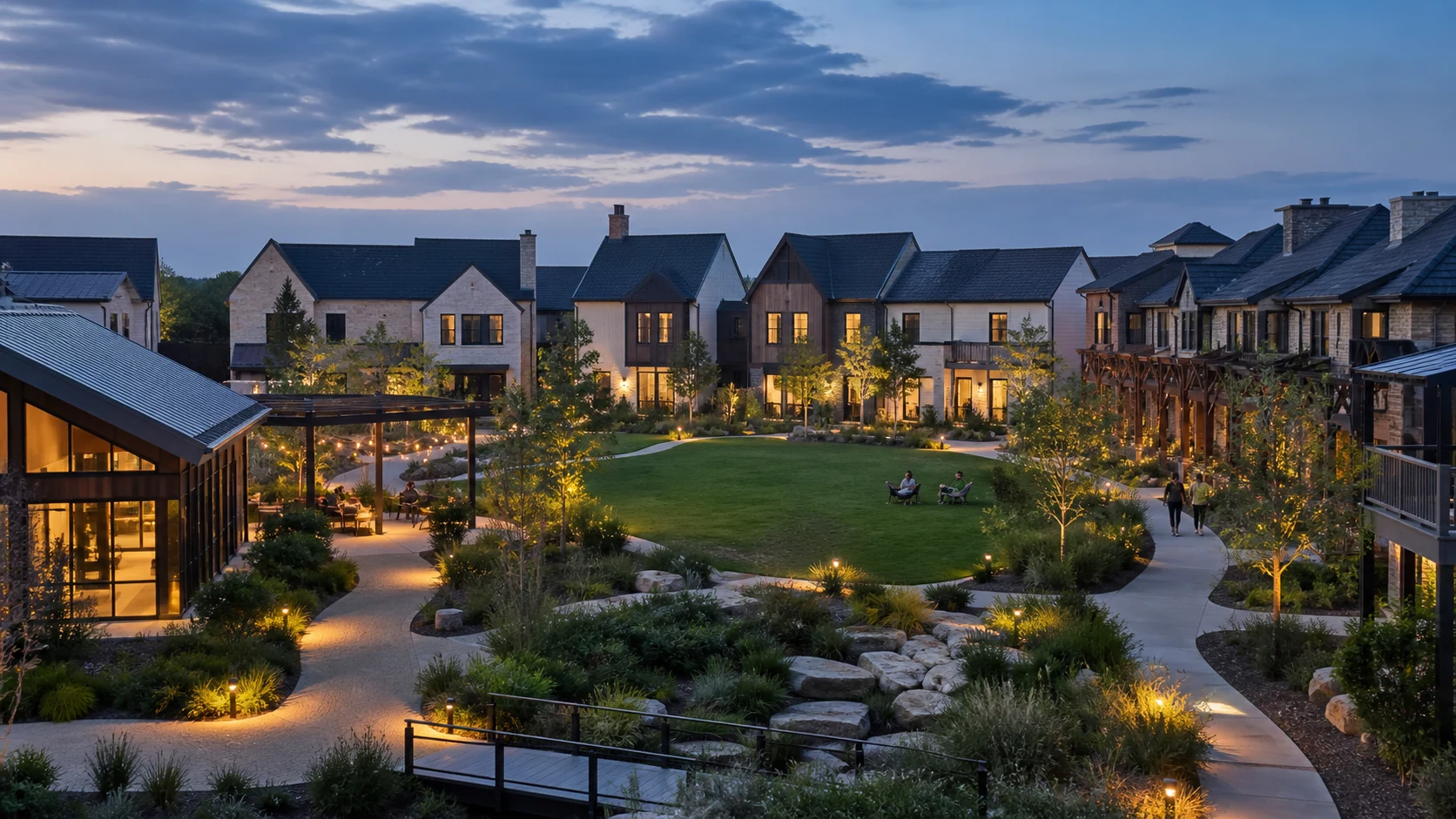 Fictional build-to-rent neighborhood organized around a shared green