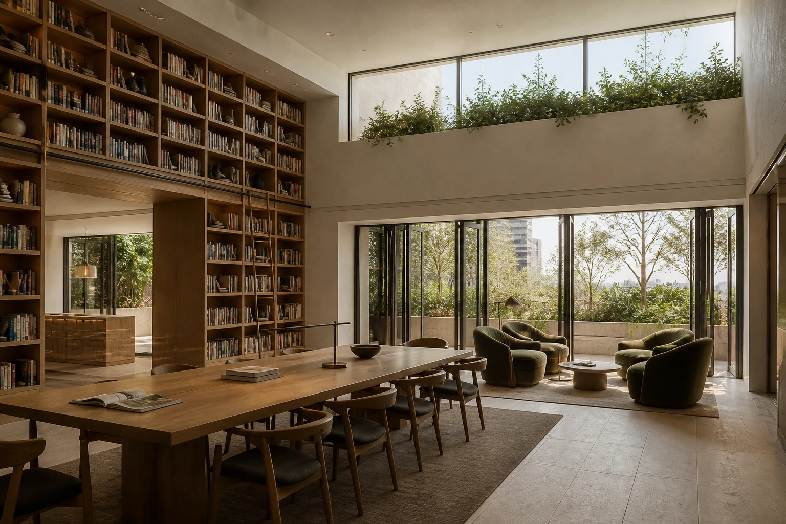 Fictional resident library and shared room overlooking the district