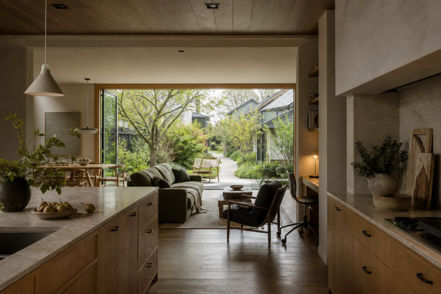 Fictional single-family home interior opening to landscape
