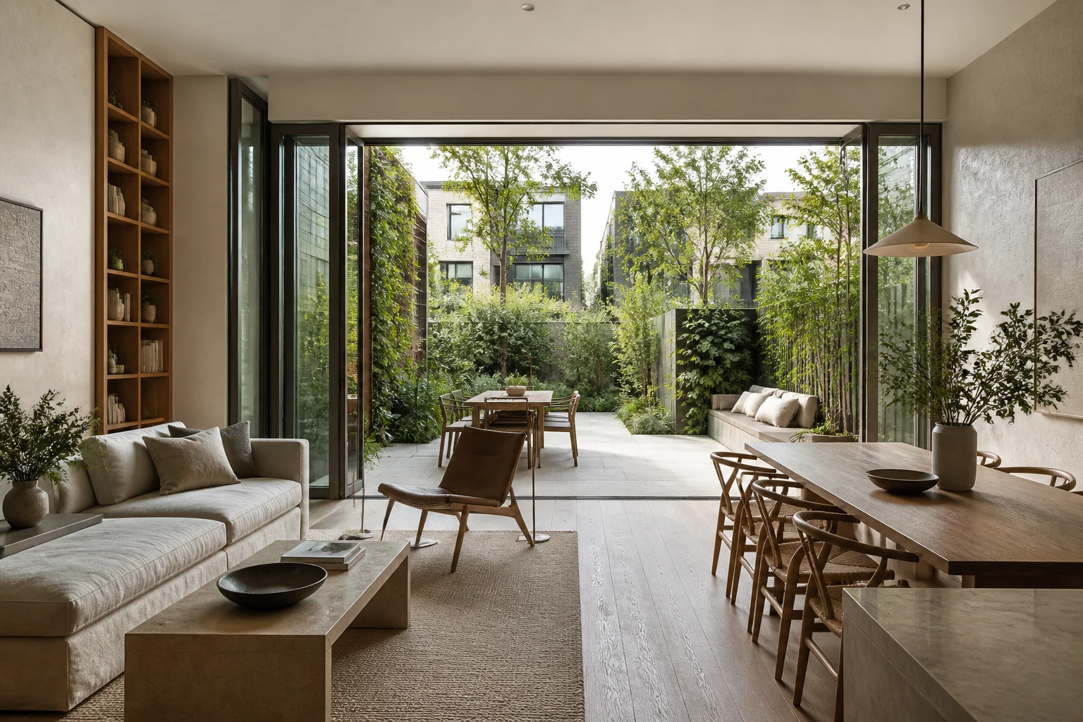 Fictional townhome interior concept with garden connection