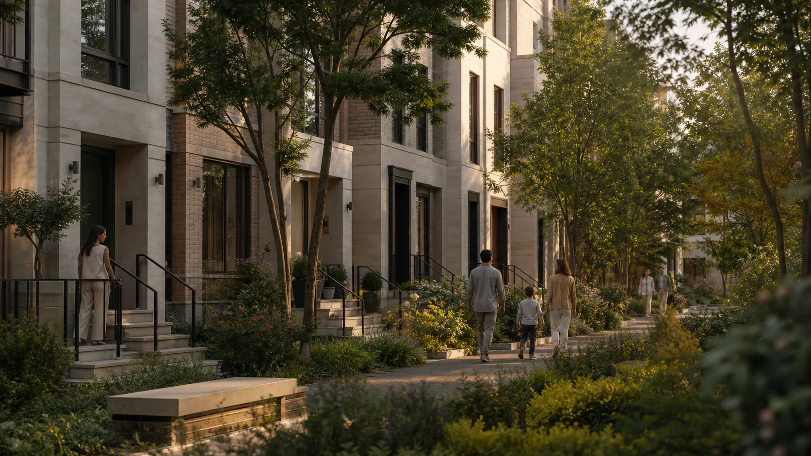 Fictional townhomes with individual front doors along a mature linear garden