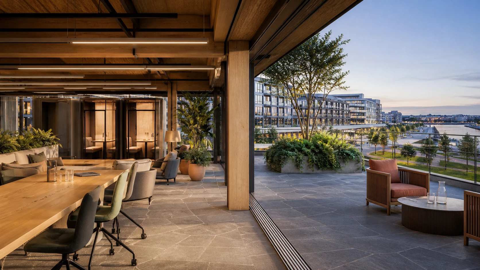 Fictional workplace terrace above Aurelia Quarter